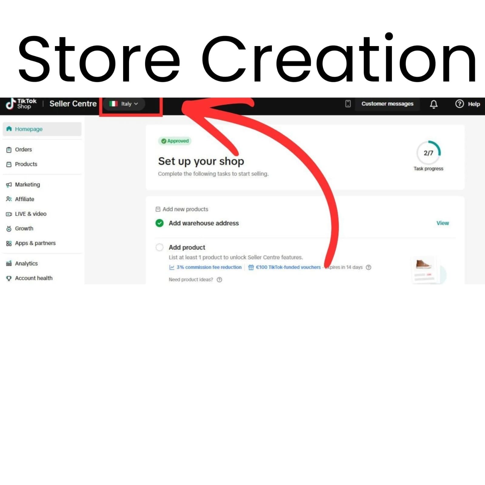 TikTok Shop store setup screen showing task progress