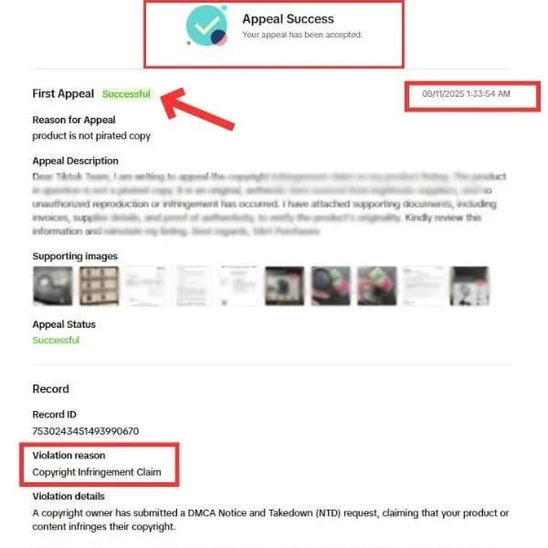 TikTok Shop violation appeal case record